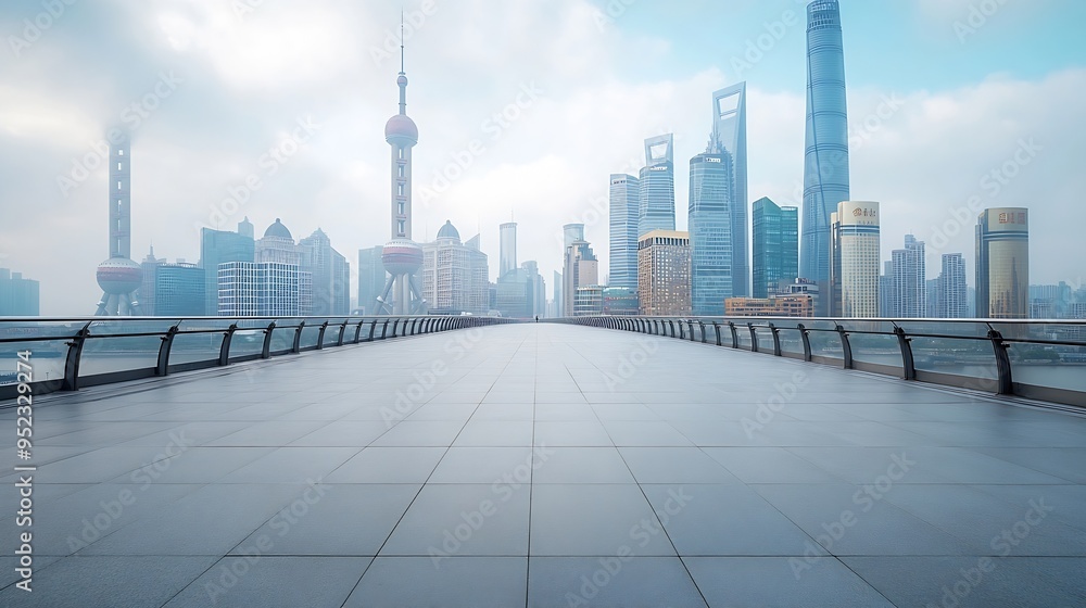 Poster empty square floor and pedestrian bridge with modern city buildings in shanghai : generative ai