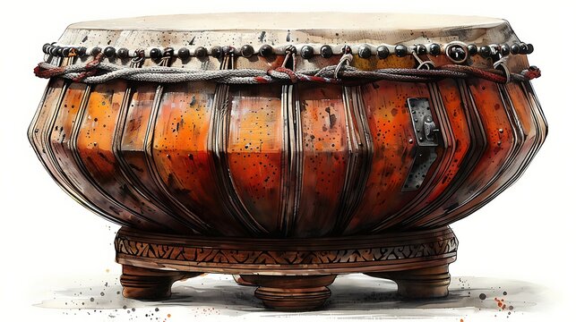 A traditional, wooden, hand-drum with a leather drumhead and intricate carvings on the base, isolated on a white background.