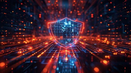 Virtual shield icon surrounded by data streams symbolizing secure internet browsing