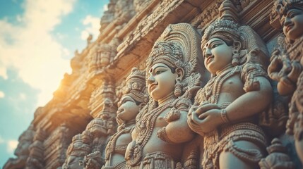 Intricate carving of Hindu deities on a temple wall, with ample space for text in the sky.