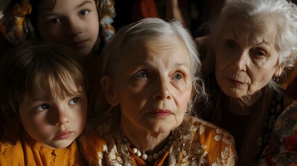 Family Portrait of Elderly Women and Young Girl Sharing Cozy Moment at Home