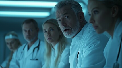 A team of doctors in white coats discusses medical results in a hospital conference room with an azure ambiance