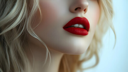 Fototapeta premium Close-up of a woman's lips with bold red lipstick, showcasing beauty and elegance in a soft focus background.