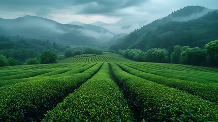 Fototapeta premium Lush green tea plantation with misty mountains in the background.