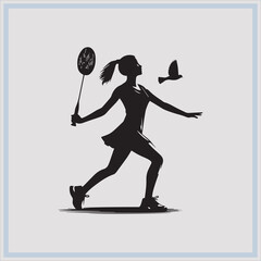 Black silhouette of female badminton player on white background