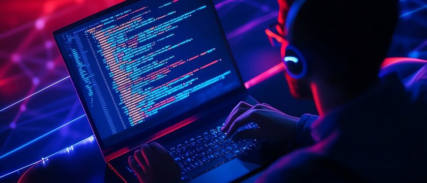 A programmer working late at night, illuminated by a glowing laptop screen filled with colorful code. Focused and immersed in task.