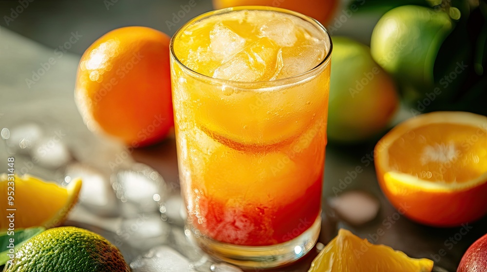 Poster a close-up of a refreshing glass of mixed citrus juice with ice, placed on a table with fresh citrus