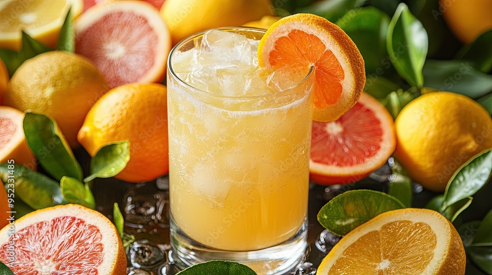 Poster a close-up of a refreshing glass of mixed citrus juice with ice, placed on a table with fresh citrus