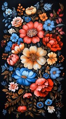 Intricate Norwegian Rosemaling Floral Design on Dark Background