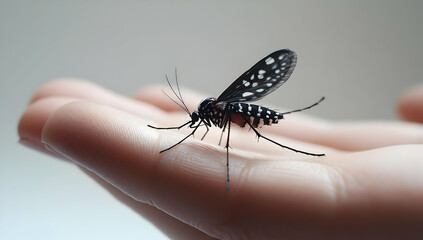 Fototapeta premium Close-up of a delicate black and white mosquito resting on a human hand, highlighting nature's intricate details and beauty.