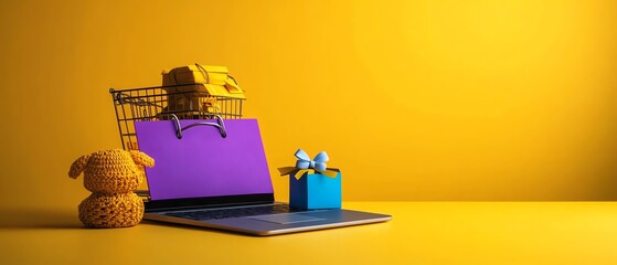 A colorful composition featuring a laptop, shopping cart, and gifts against a bright yellow background, perfect for online shopping themes.