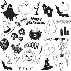 Halloween party elements sticker pack. Witch craft scrapbook, skull, ghost, spooky, boo, candy, pumpkin, witch hat, web, bat