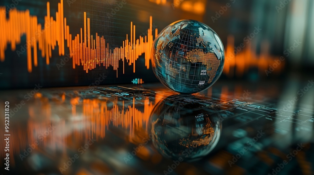 Poster Reflection of graph and financial numbers on glass globe : Generative AI