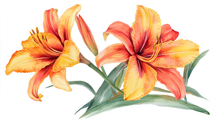 Daylily flower, watercolor clipart illustration with isolated background