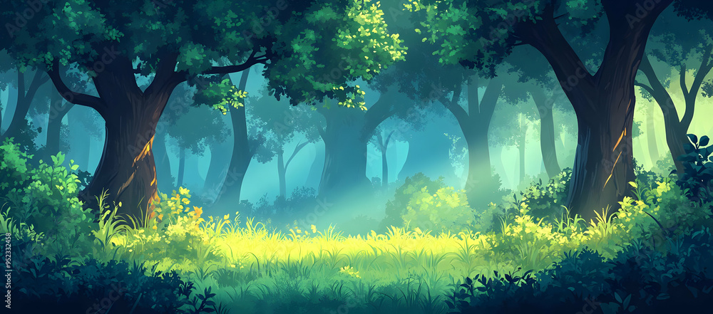Poster a serene forest scene with lush trees and dappled sunlight shining through, creating a peaceful atmo