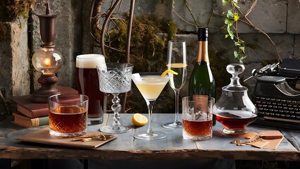 Fototapeta premium Selection of alcoholic drinks - beer, wine, martini, champagne, cognac whiskey rustic background