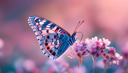 A vibrant butterfly perched on a delicate flower, showcasing intricate patterns and soft colors in a serene nature setting.