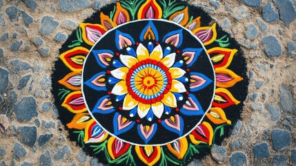 Jain festival rangoli design with colorful patterns, no people, clear background, copy space available