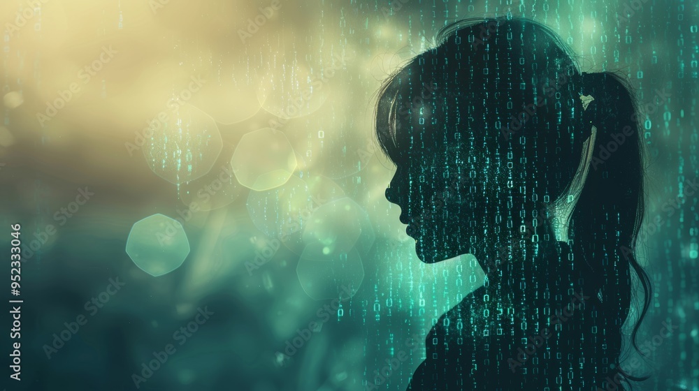 Poster person silhouette with a digital padlock and encrypted data overlay illustrating personal data secur