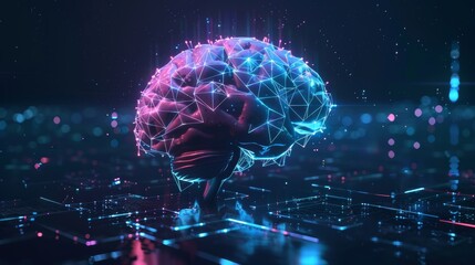 Low poly 3d brain rendering featuring geometric shapes and glowing blue neural connections