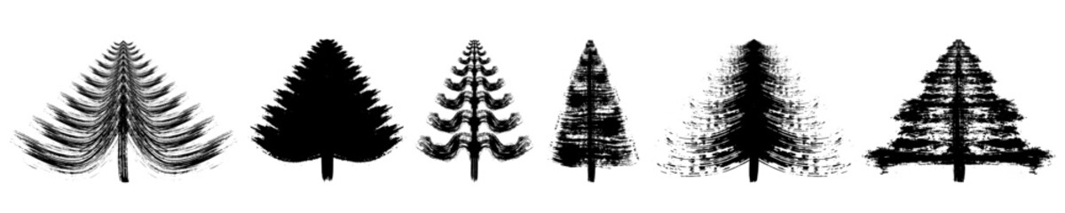 Grunge brush drawing of Christmas tree, set. Beautiful doodle spruce, ink paint. Vector illustration.