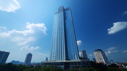 Obraz premium Modern office buildings exterior towering against blue sky Jakarta Indonesia skyline viewed from below with facade of apartments condominiums and offices : Generative AI