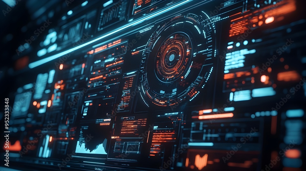 Poster futuristic digital interface with cyber dashboard and data visualization concept