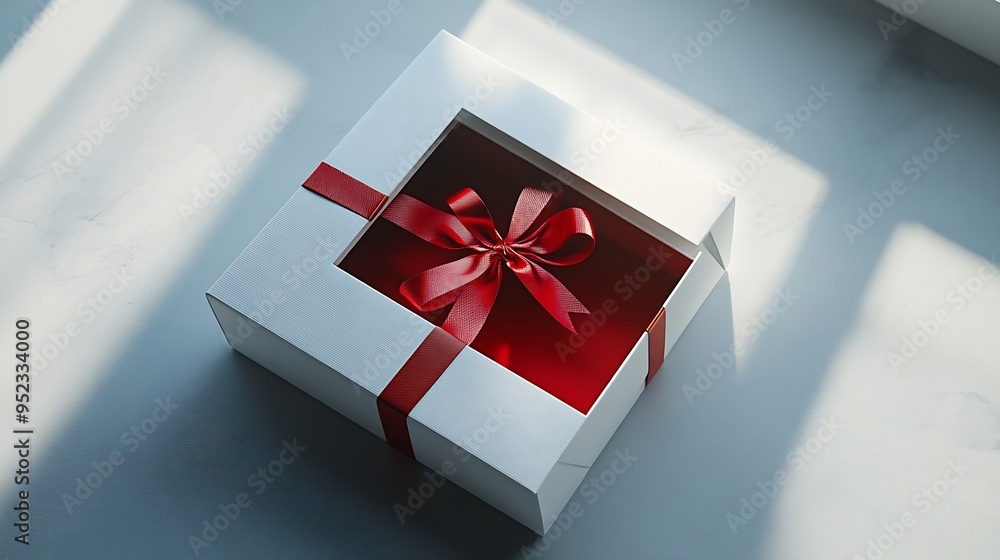 Poster White square gift box mockup on white background harsh shadows red inside From above top view minimalist concept mock up luxury : Generative AI
