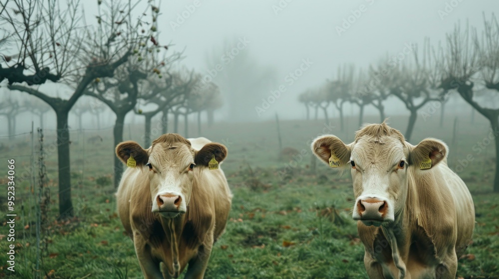 Aufkleber Two cows standing in a field with trees in the background