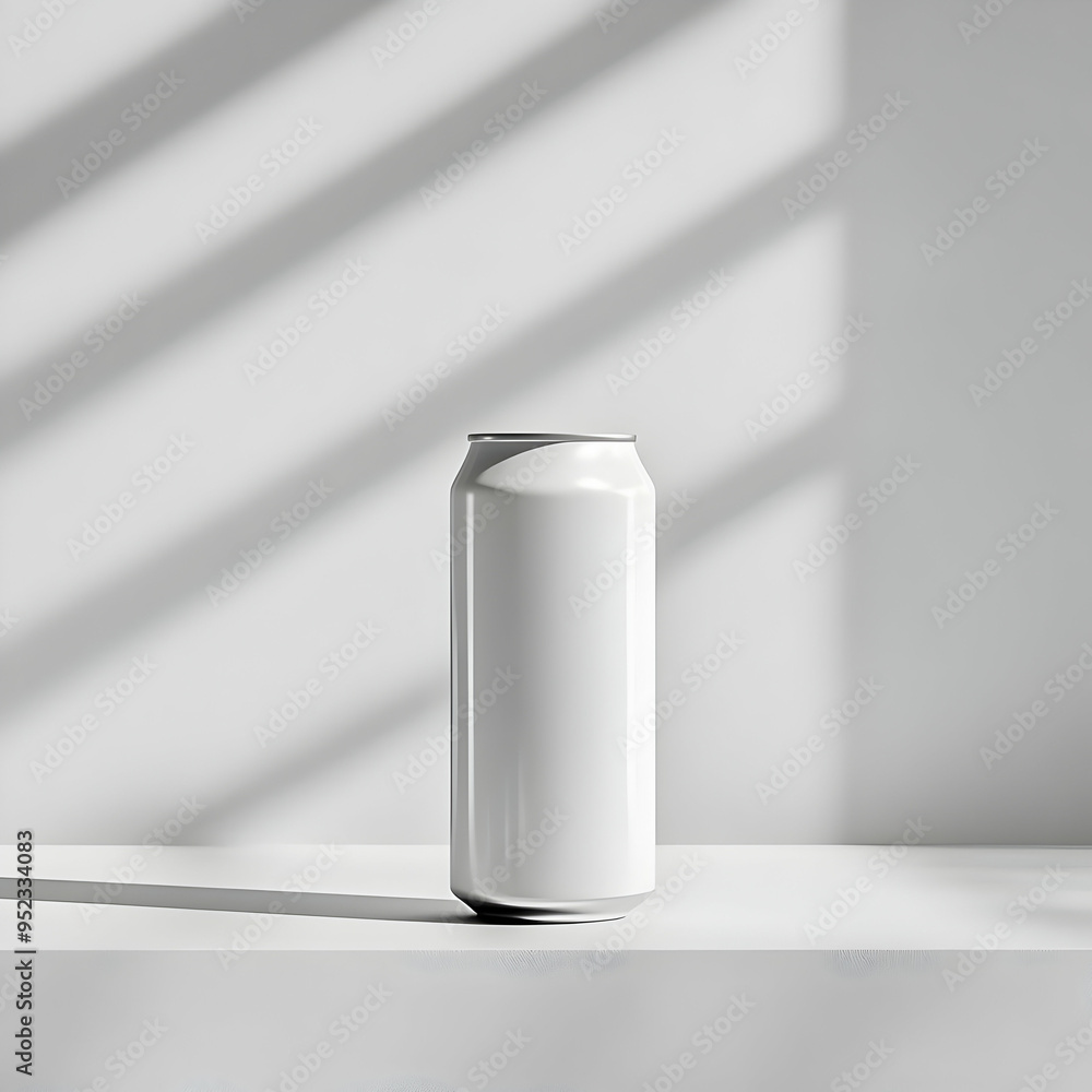 Poster a minimalistic white can positioned on a clean surface, beautifully highlighted by soft shadows and 