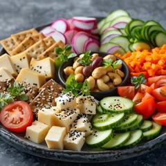 Colorful Vegan Cheese Platter with Fresh Vegetables and Gluten Free Crackers