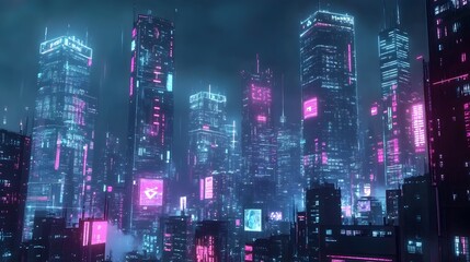 Obraz premium Stunning Futuristic Cityscape with Neon Lights and Skyscrapers Illuminating the Night Sky