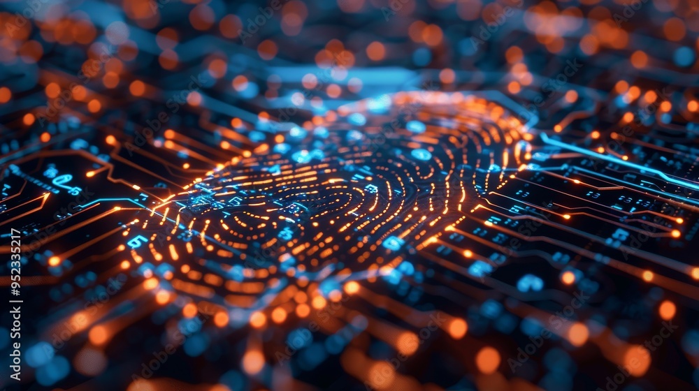 Poster futuristic graphic of a fingerprint scan with data lines emphasizing biometric privacy online