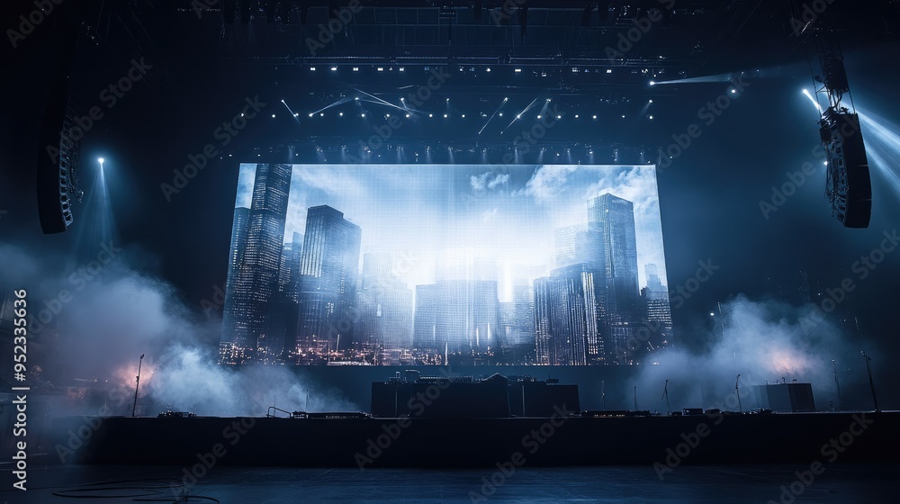 Poster a concert stage with a large backdrop screen displaying cityscape visuals, surrounded by spotlights 