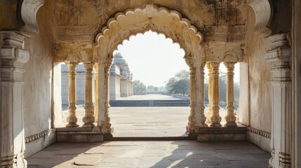 Fototapeta premium Jain pilgrimage site seen through a temple arch, no people, bright sky, copy space available