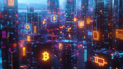 Fototapeta premium Futuristic Cityscape with Neon Lights and Cryptocurrency Symbols