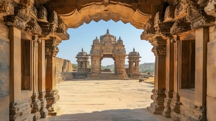 Jain pilgrimage site viewed through an ancient temple archway, no people, clear sky, ample copy space