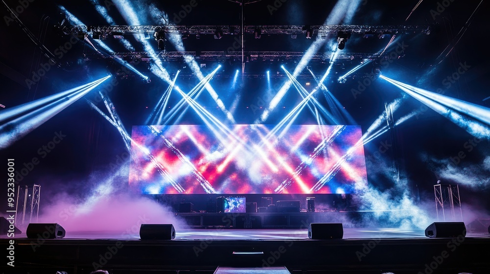 Poster a concert stage with a large led backdrop displaying abstract visuals, surrounded by dynamic stage l