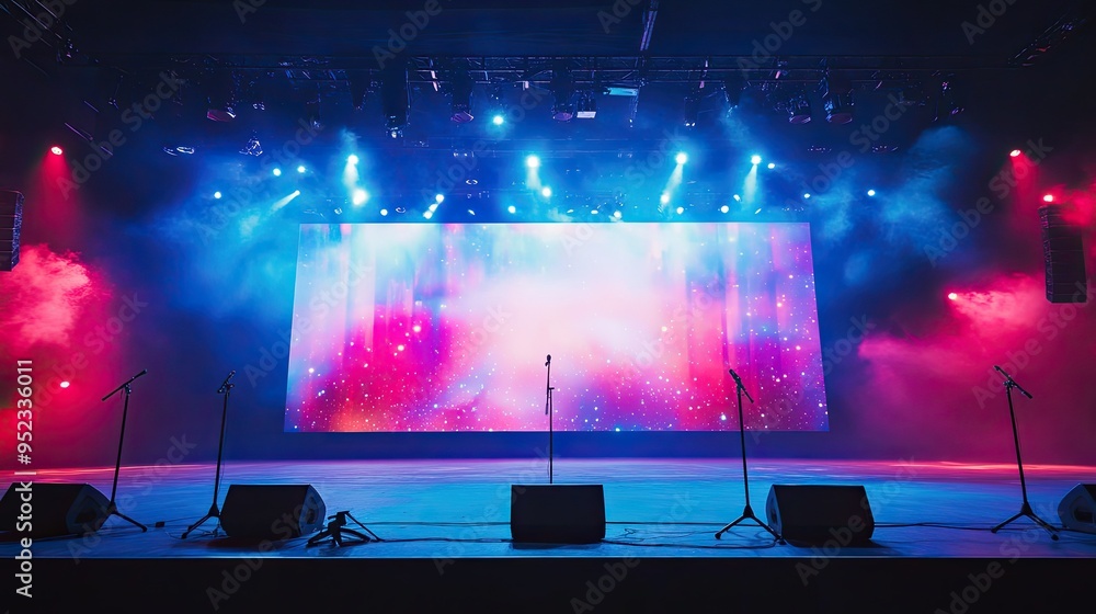 Poster a concert stage with a large led backdrop showing animated visuals, vibrant lights, and empty microp