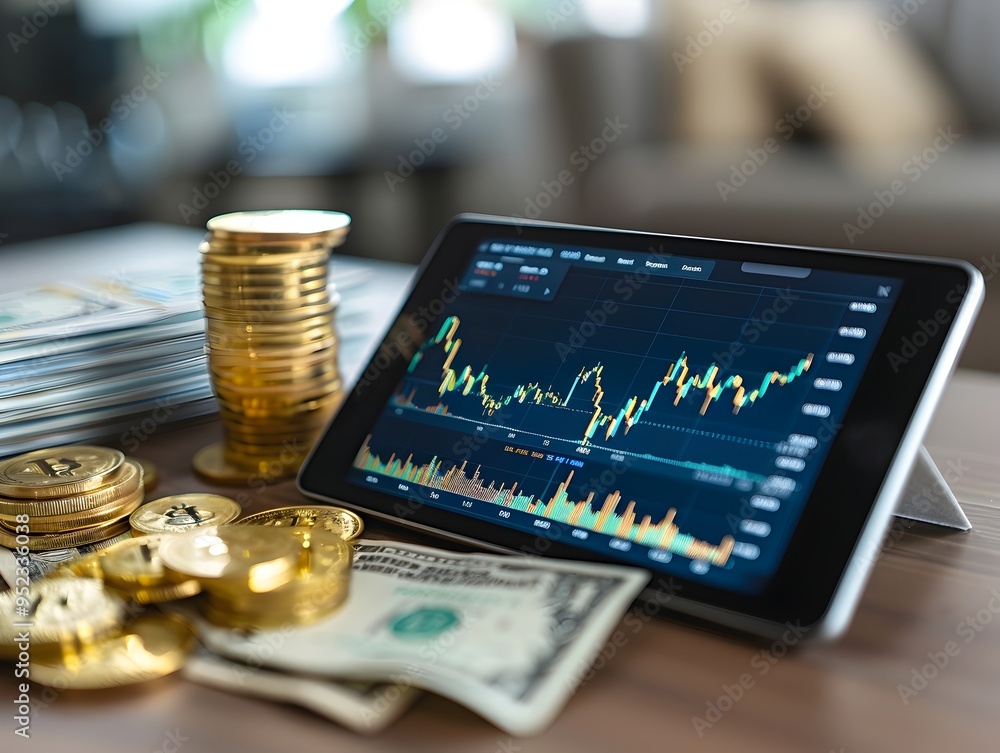 Poster digital tablet displaying rising chart amid financial instruments