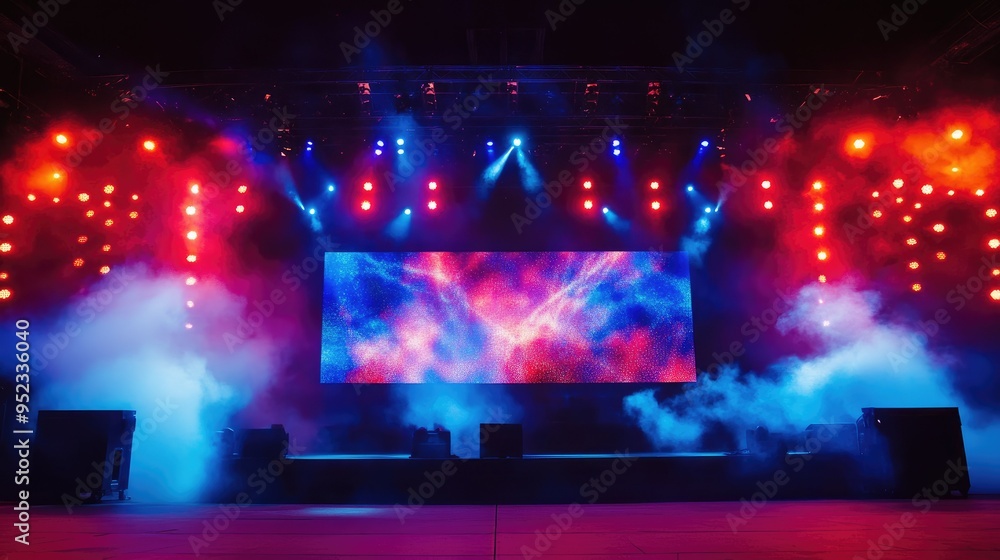 Poster a concert stage with a large led screen displaying abstract patterns, surrounded by vibrant stage li