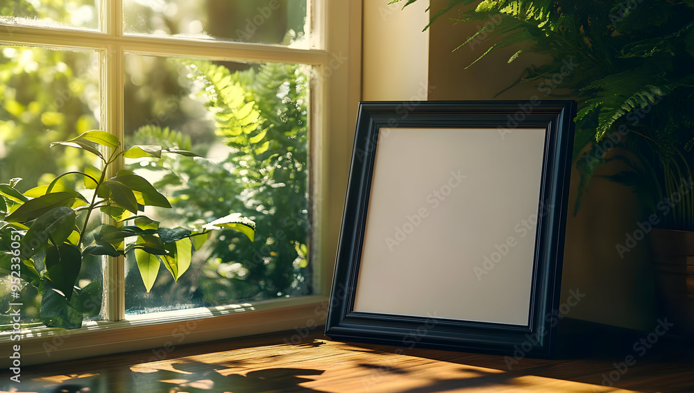 Poster an empty picture frame sits in a sunlit room beside a window with lush greenery, creating a serene a