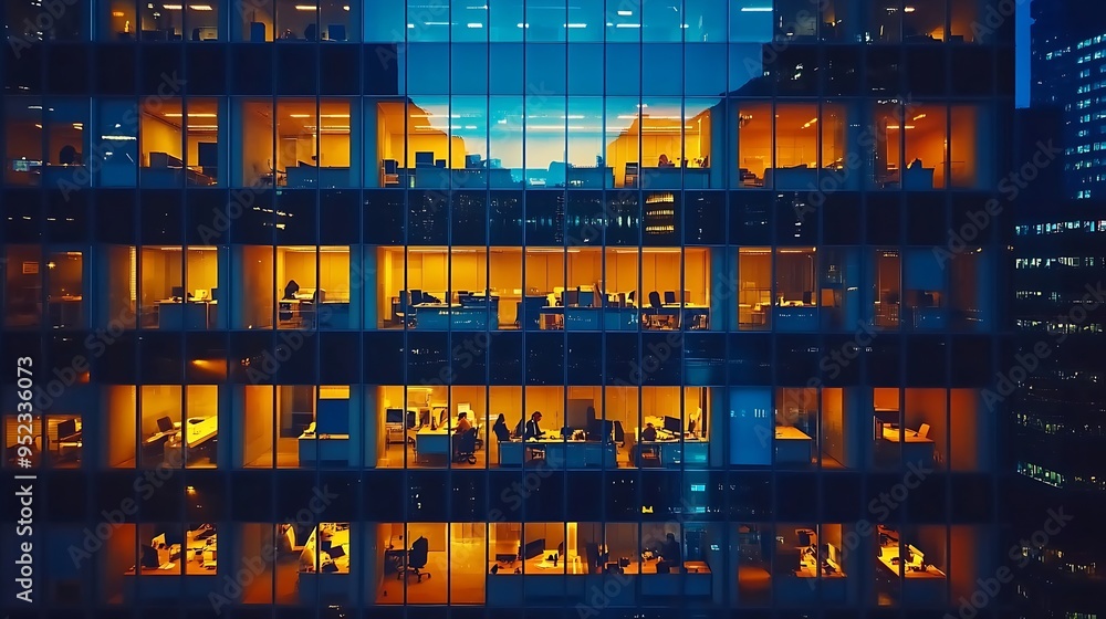 Poster Big glowing windows in modern office buildings timelapse at night in rows of windows light shines People working at tables inside : Generative AI