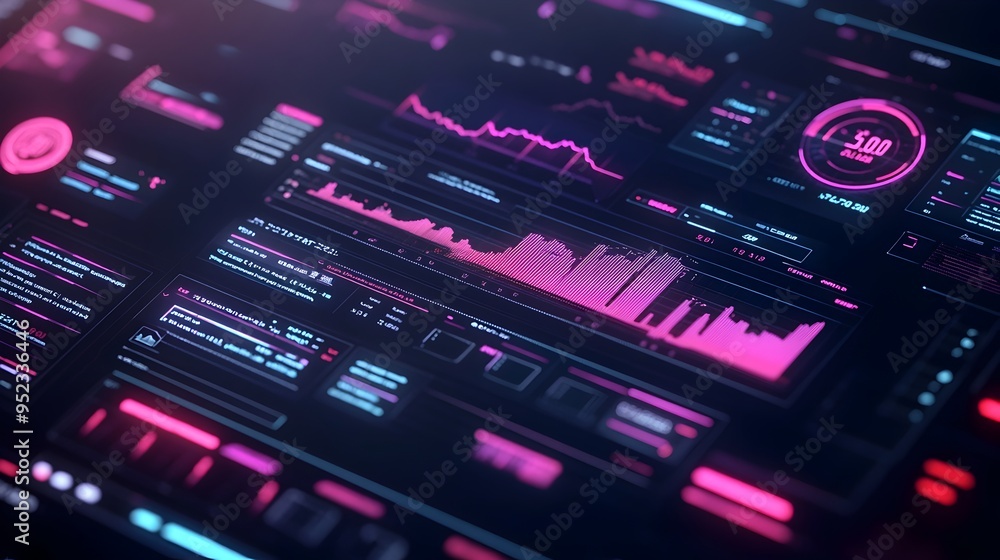 Aufkleber futuristic digital data visualization dashboard with glowing neon infographic elements