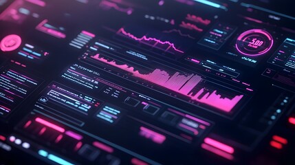 Futuristic Digital Data Visualization Dashboard with Glowing Neon Infographic Elements