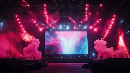 A concert stage with a large screen displaying dynamic visuals, surrounded by vibrant stage lights and smoke.