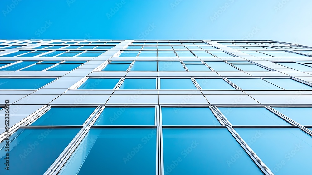 Aufkleber Row of glass Windows on white Modern office Building against blue clear sky in low angle and perspective side view Architecture Background concept : Generative AI