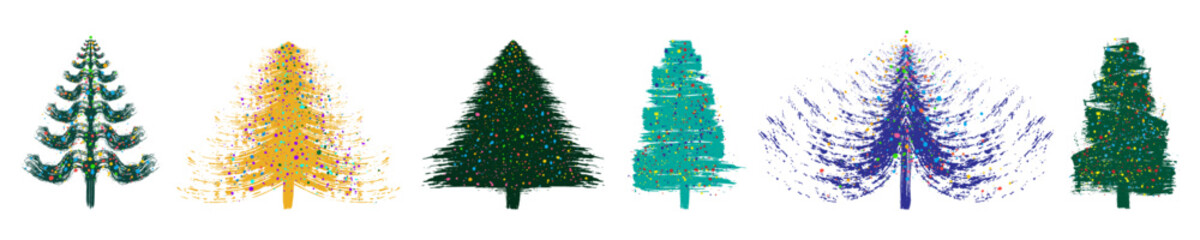 Christmas tree set, grunge brush drawing art. Beautiful doodle spruce with color paint blots (garland). Vector illustration.