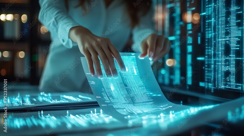 Poster document management concept businesswomen check electronic documents on digital documents on virtual