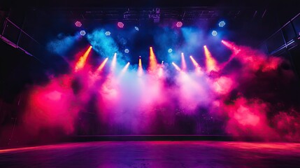 Obraz premium A concert stage with colorful LED light strips and smoke effects, creating a dramatic and vibrant scene.